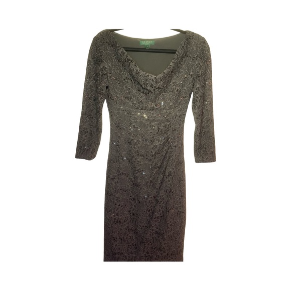 Lauren Ralph Lauren Dark Grey Lace Sequin Dress Size 2 Flattering Fit - Picture 1 of 8